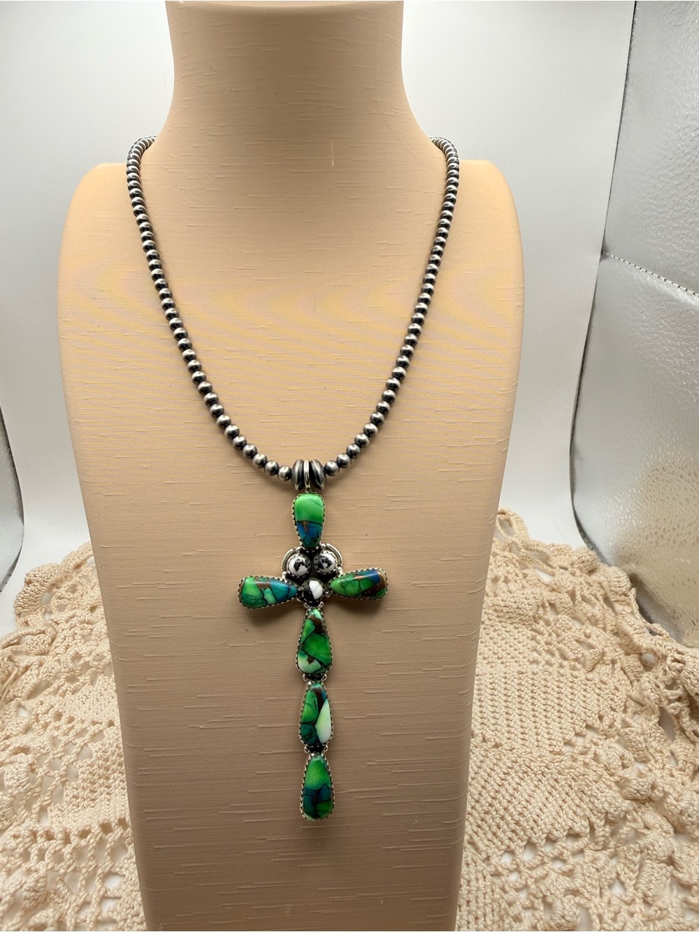 Artisan crafted SS 925 Peacock Dahlia White Buffalo Bead Cross Pendant Necklace